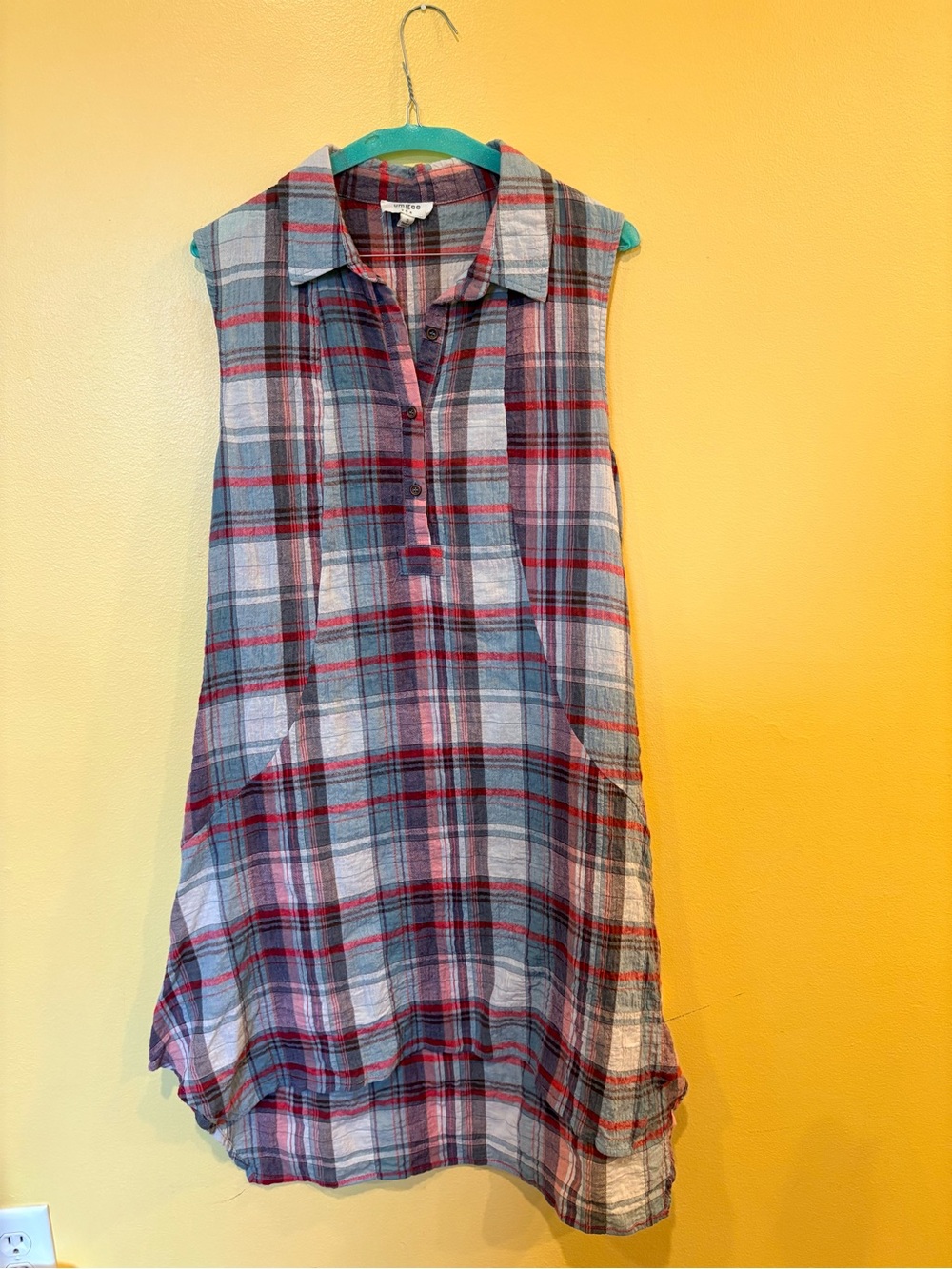 Umgee Red and Gray Plaid Sleeveless Shirt Dress